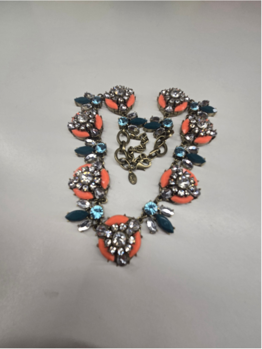 Vintage Joan Rivers Statement Necklace Orange Teal Glass Crystals Luxury Floral - Picture 11 of 11